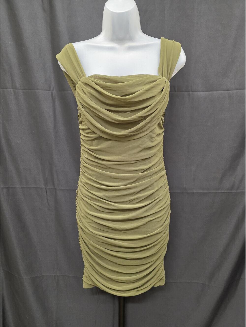 PRETTYGARDEN OFF SHOULDER RUCHED MESH BODYCON MINI DRESS ARMY GREEN SIZE M